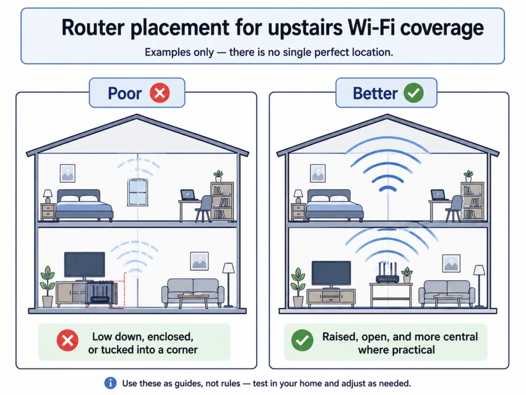 Example of poor and better router positions for upstairs Wi-Fi coverage