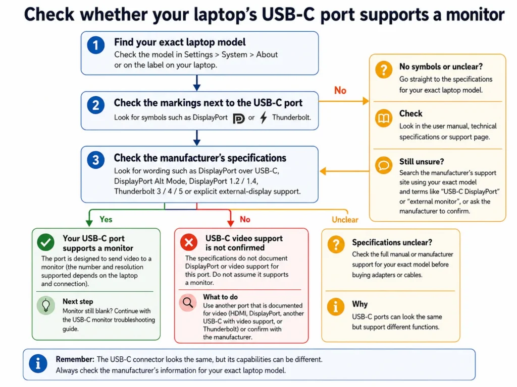 Decision tree for checking whether a laptop USB-C port supports a monitor