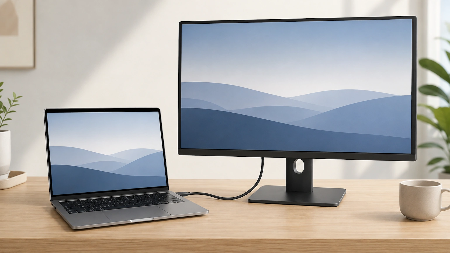Laptop connected to an external monitor with a USB-C cable