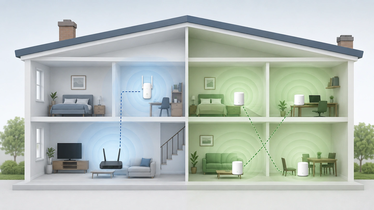 Mesh Wi-Fi vs Wi-Fi extender comparison in a two-storey home