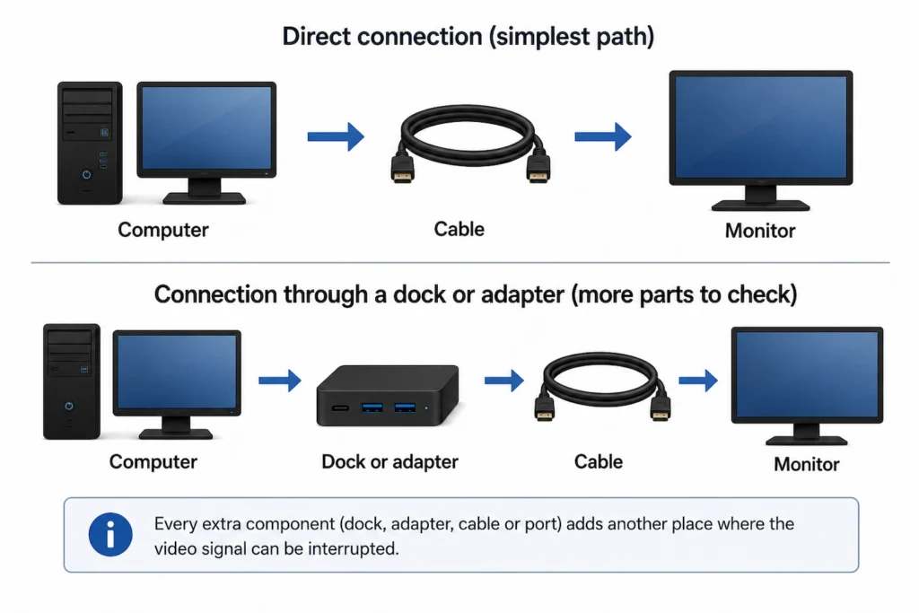 Display connection path from a computer through a cable or dock to a monitor