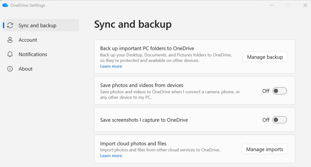 OneDrive Sync and backup settings showing the Manage backup option