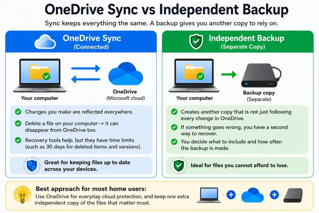 Diagram comparing OneDrive synchronisation with a separate independent backup copy