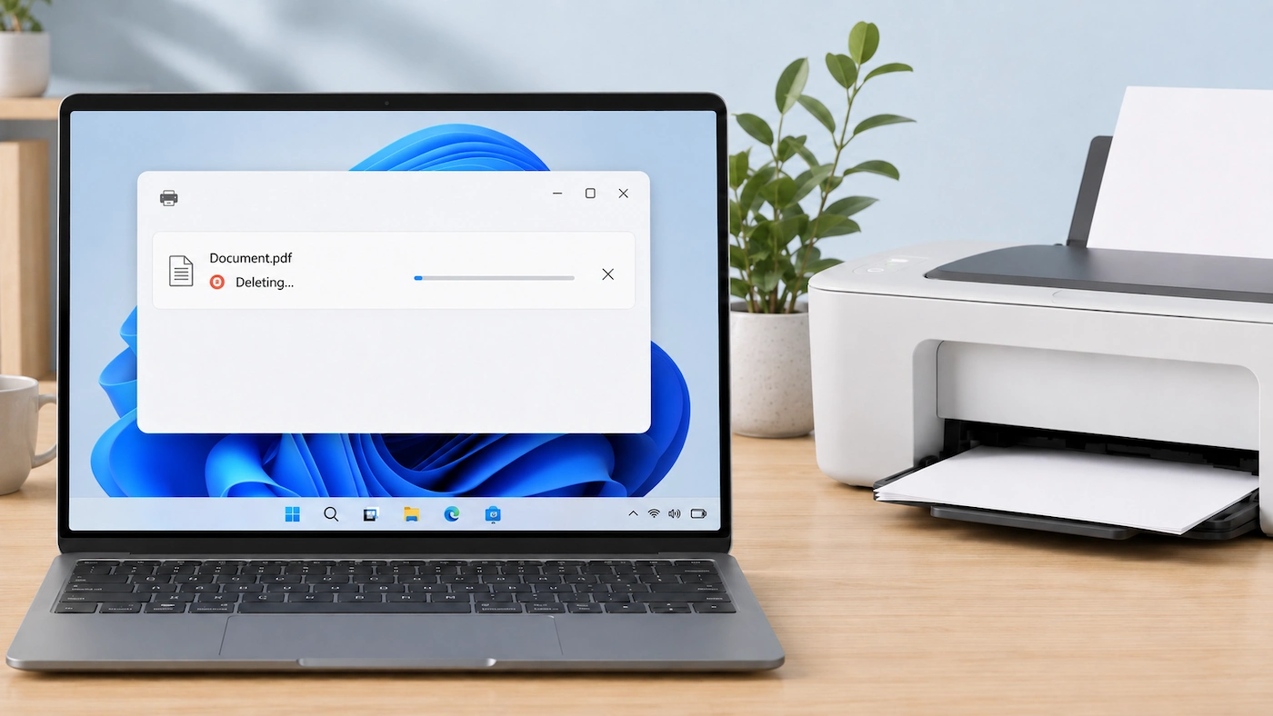 Windows laptop showing a print job stuck on deleting beside a home printer