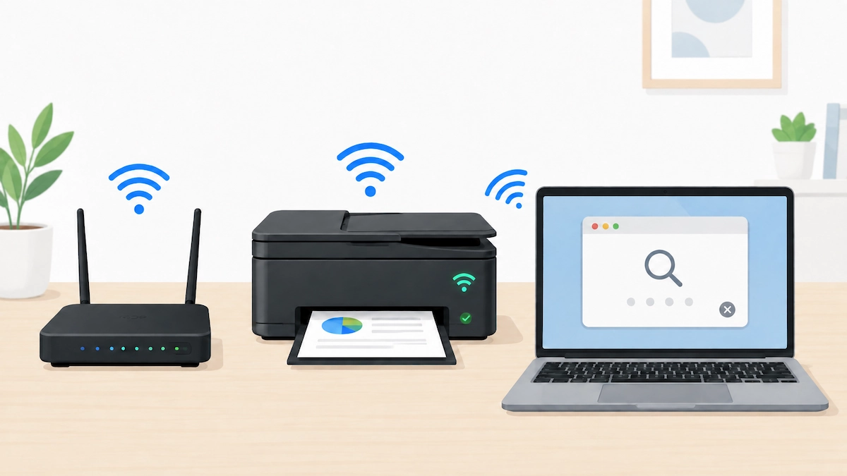 Wireless printer connected to Wi-Fi while a Windows laptop searches for it