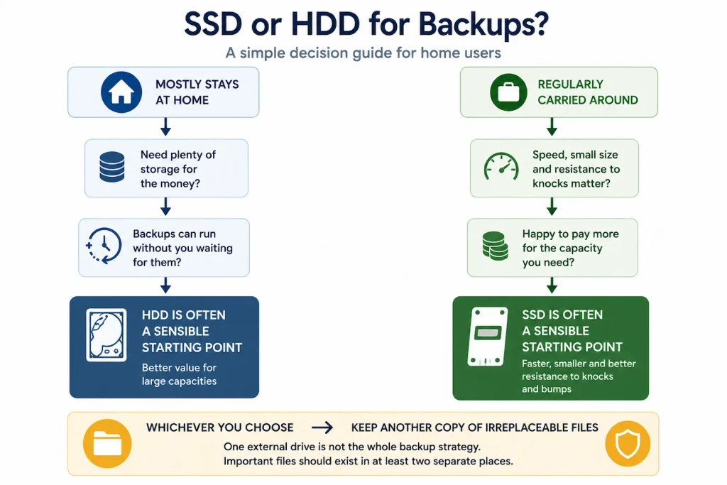 Decision guide showing when an HDD or SSD may suit home backups