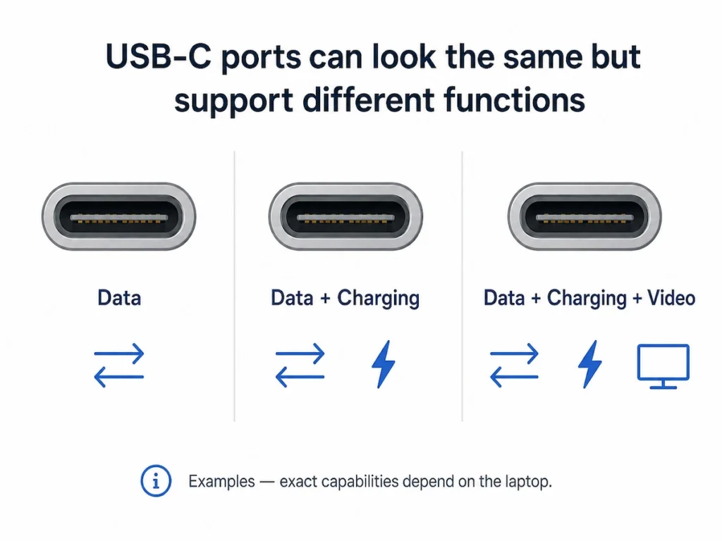 Examples of USB-C ports supporting data, charging and video in different combinations