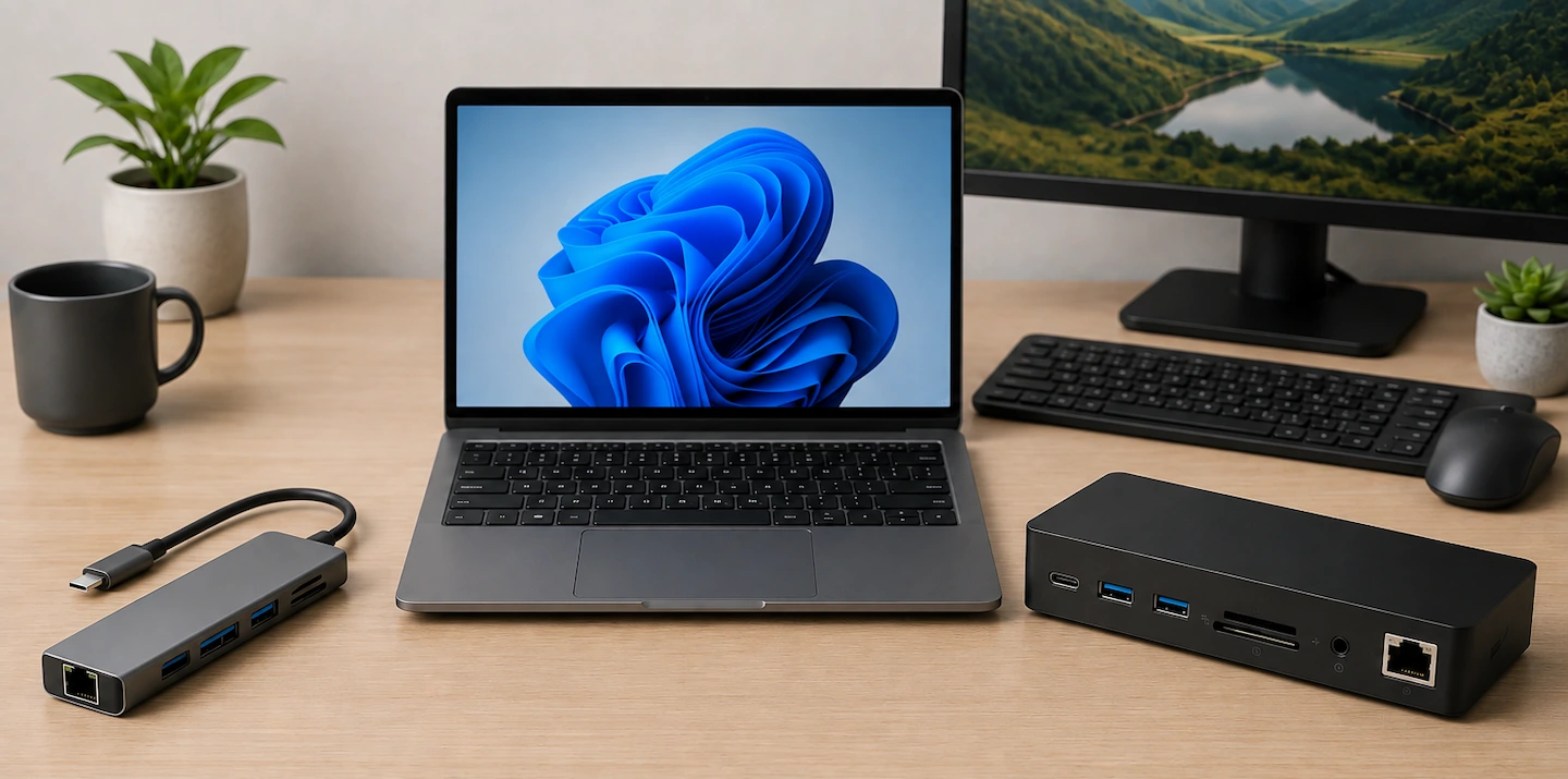 USB-C hub and docking station beside a laptop