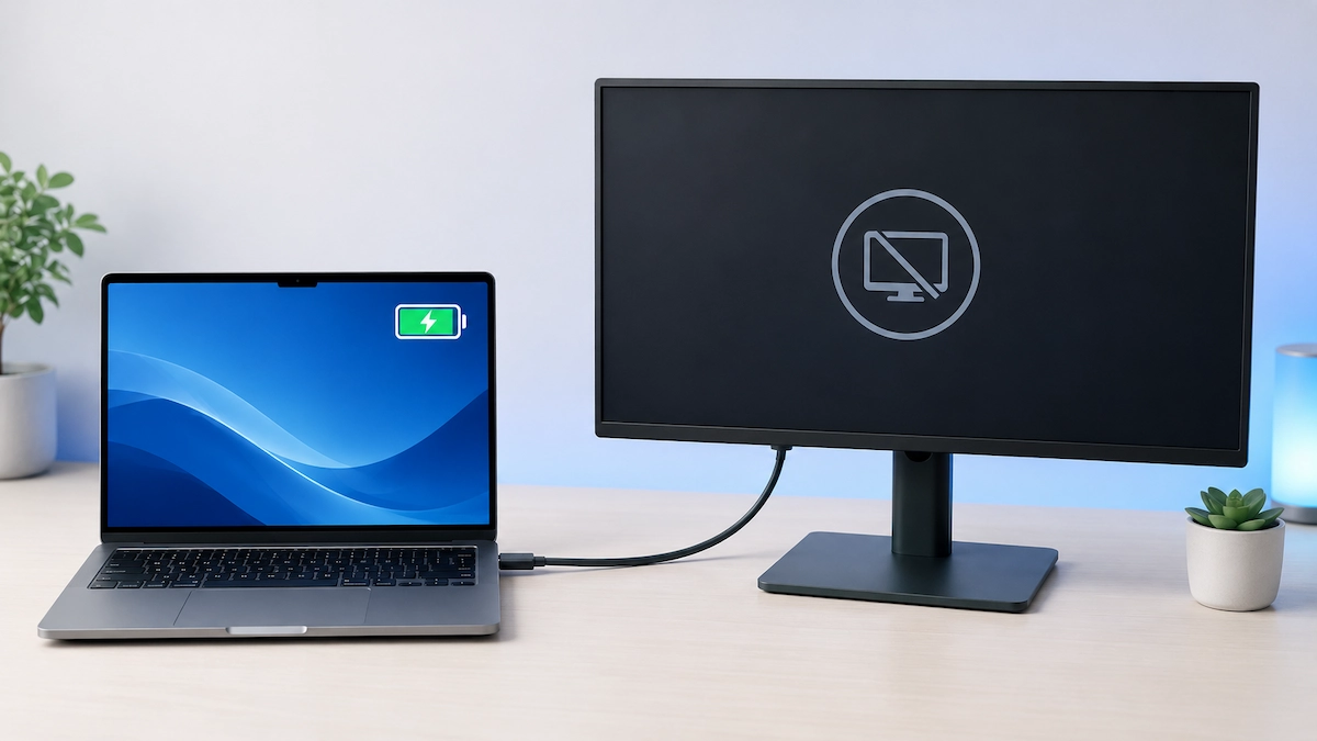 Laptop charging from a USB-C monitor that shows no picture