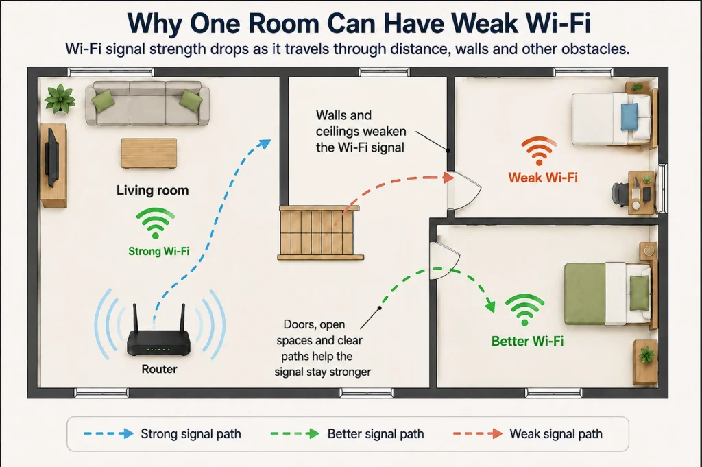Diagram showing how walls and obstacles can weaken Wi-Fi in one room