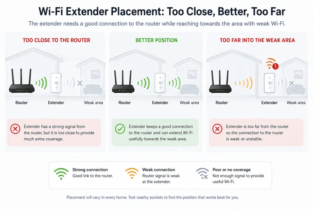 Wi-Fi extender placement comparison showing too close to the router, a better position and too far into the weak area
