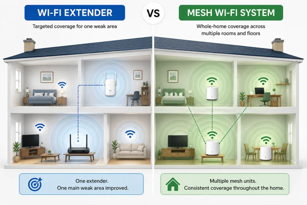 Wi-Fi extender vs mesh Wi-Fi comparison showing targeted and whole-home coverage