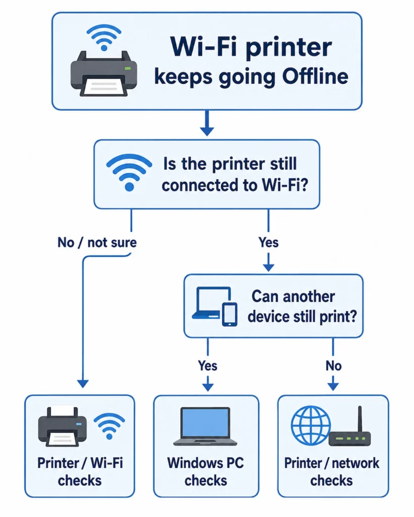 Decision tree for diagnosing why a Wi-Fi printer keeps going offline