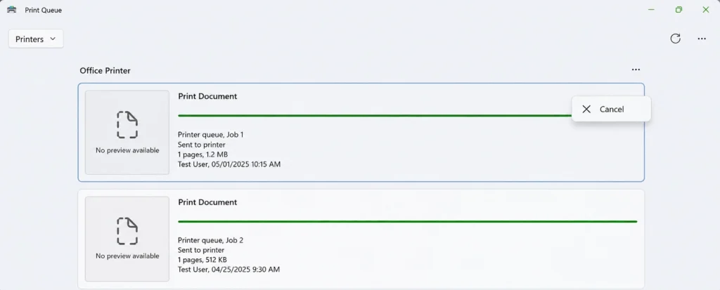 Windows 11 print queue showing an individual print job selected for cancellation