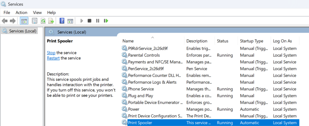 Print Spooler selected in the Windows 11 Services window