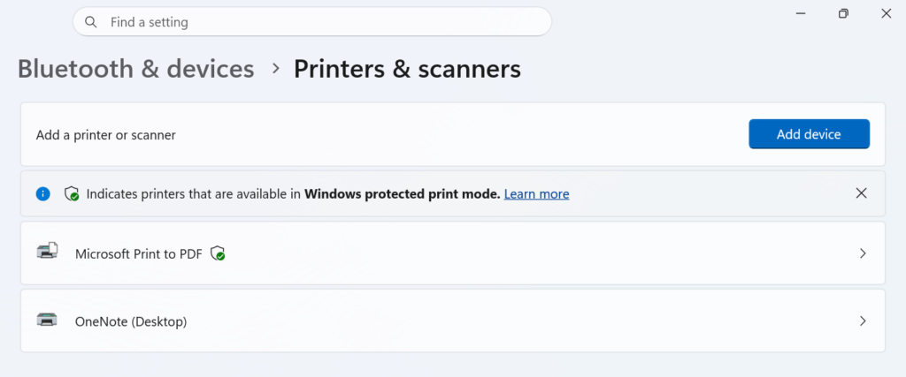 Printers & scanners page in Windows 11 Settings