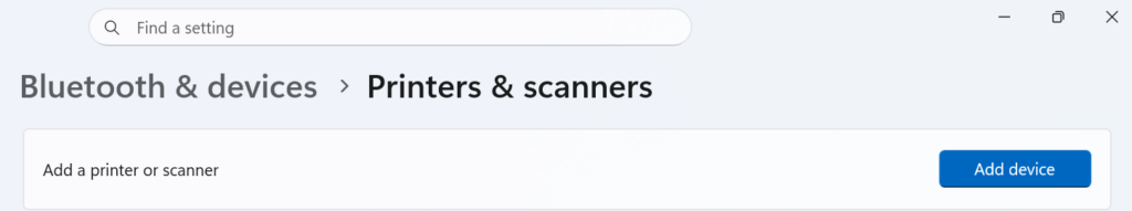 Windows 11 Printers & scanners settings showing the Add device button