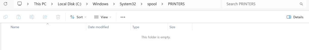 Windows PRINTERS spool folder open in File Explorer
