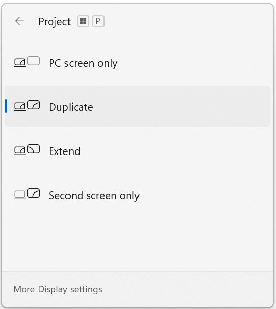 Windows 11 projection menu showing Duplicate and Extend display options