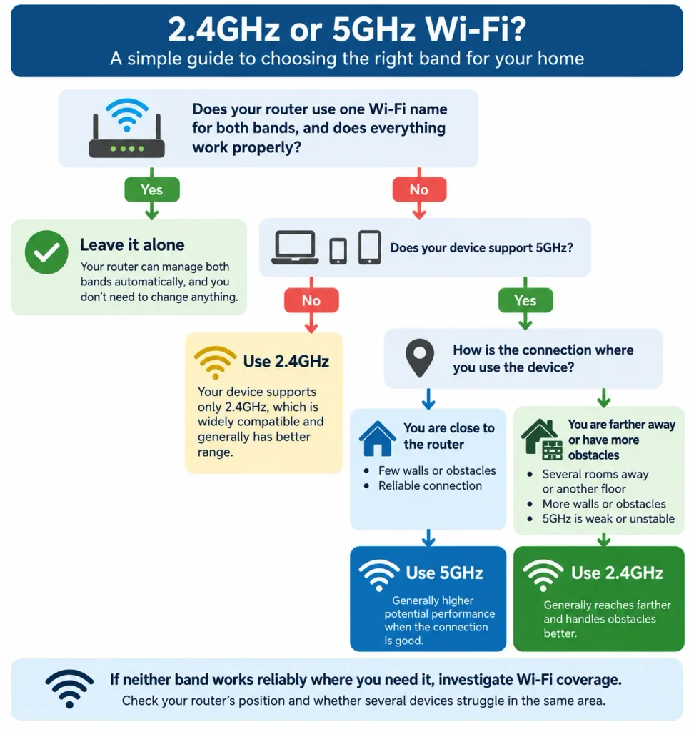 Decision guide showing when to use 2.4GHz, 5GHz or automatic Wi-Fi band selection