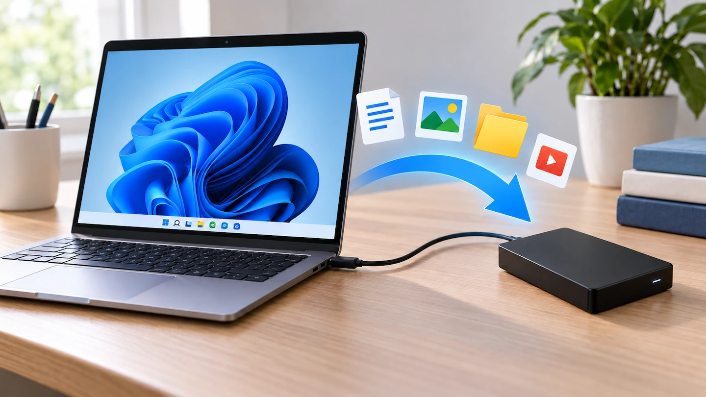 Windows 11 computer connected to an external drive for a file backup
