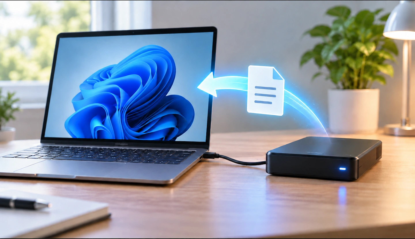 Computer backup being checked by restoring a file from an external drive to a Windows PC