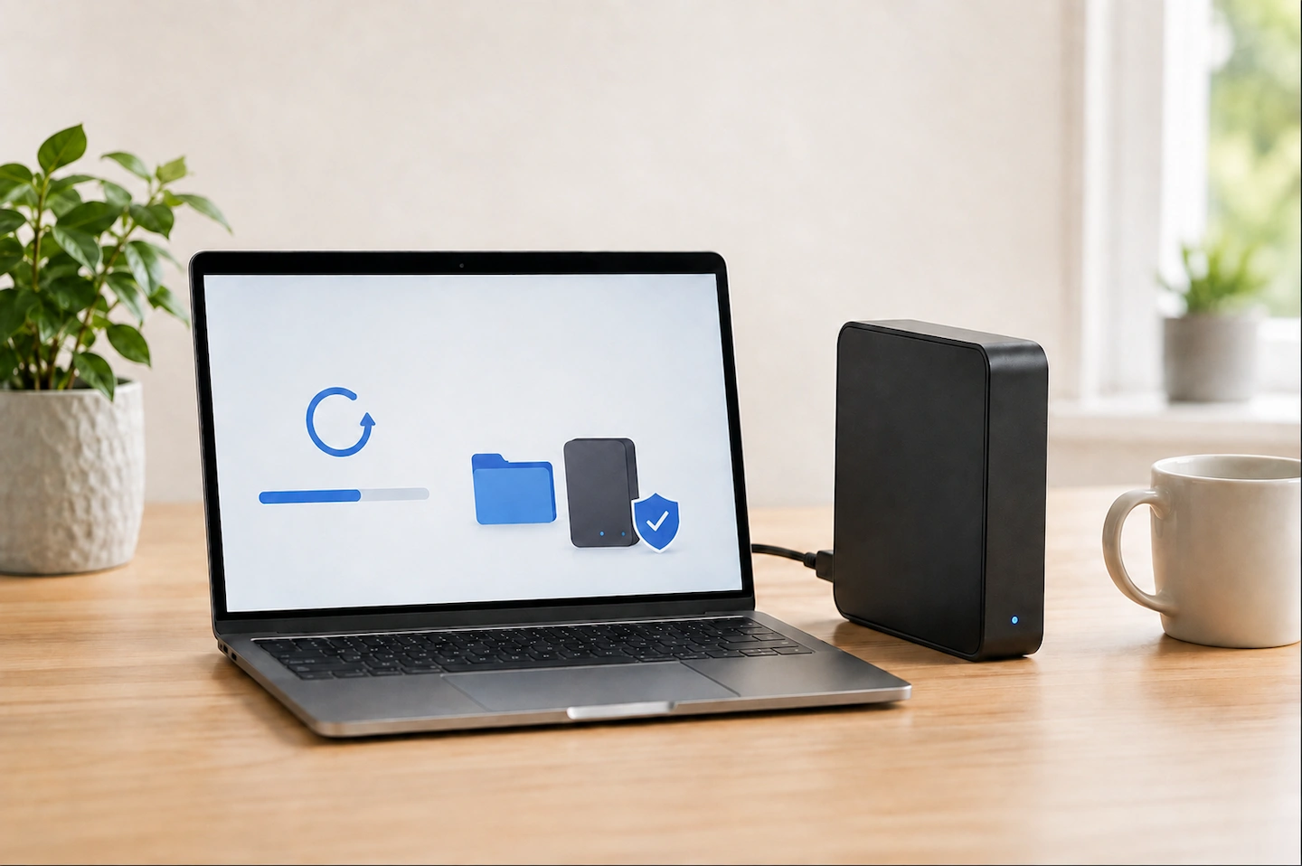 Computer with an external drive for backup storage