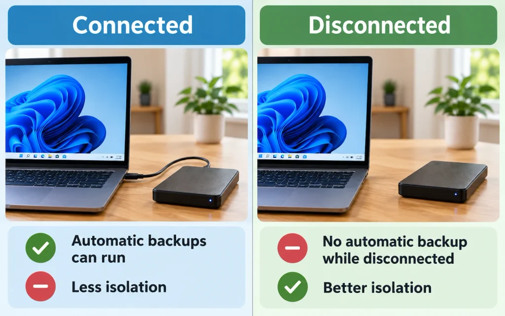 Comparison of a connected and disconnected external backup drive