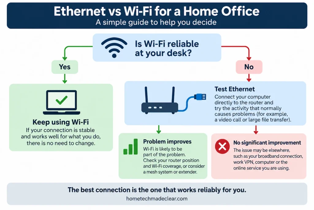Decision guide showing when to keep Wi-Fi, test Ethernet or investigate another connection problem