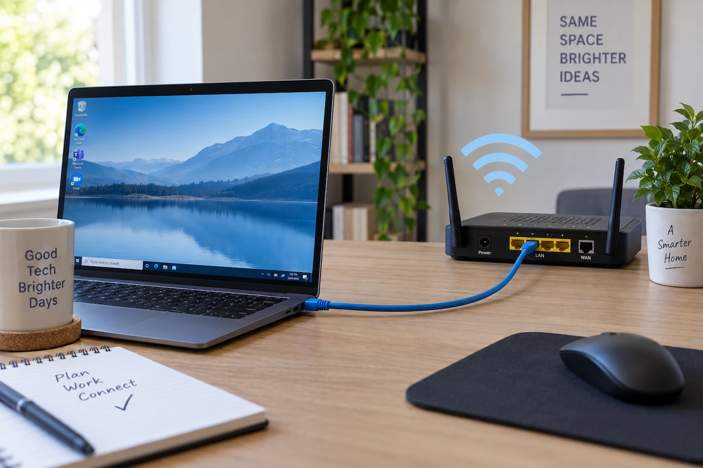 Ethernet vs Wi-Fi for a home office, showing a laptop connected to a router