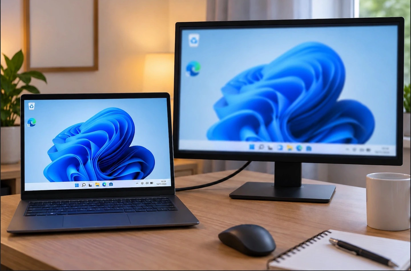 Laptop connected to an external monitor displaying an incorrectly sized image