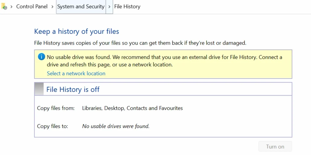 File History in Windows 11 Control Panel with no backup drive connected