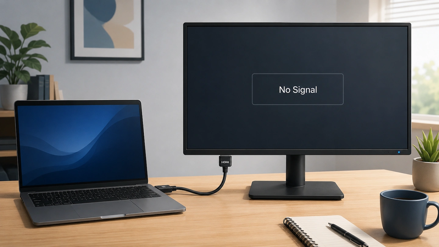 HDMI cable connected to a monitor showing No Signal