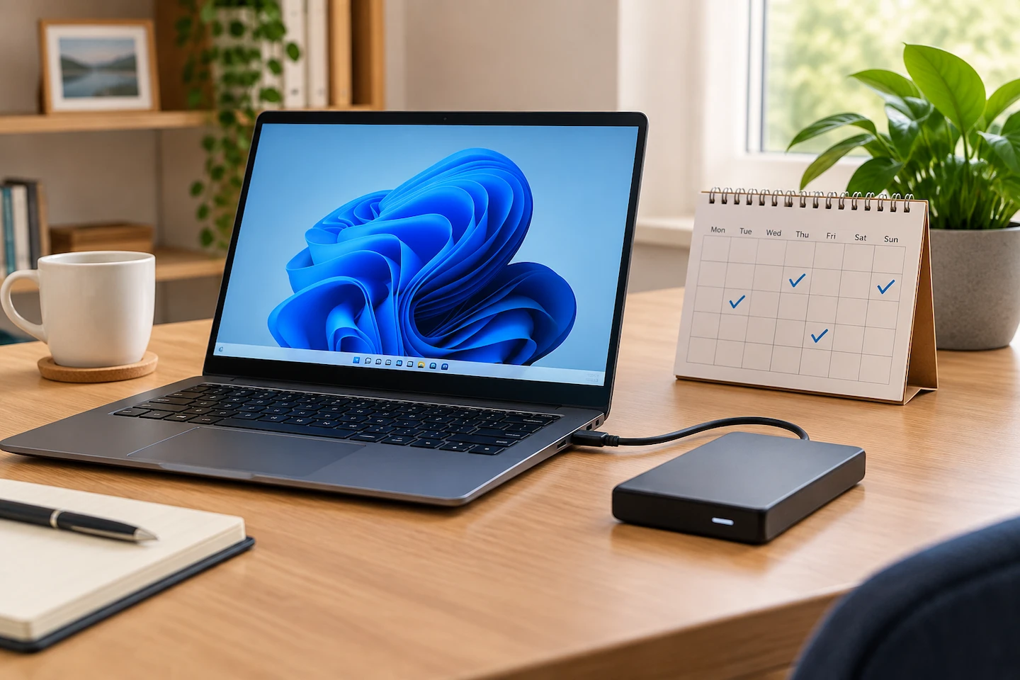 Laptop connected to an external drive beside a calendar showing a regular backup routine