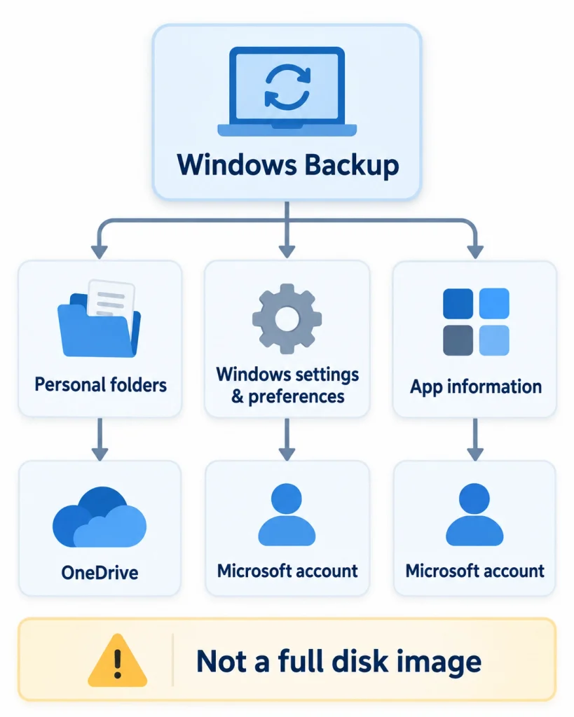 Windows Backup vs OneDrive diagram showing files, Windows settings and app information