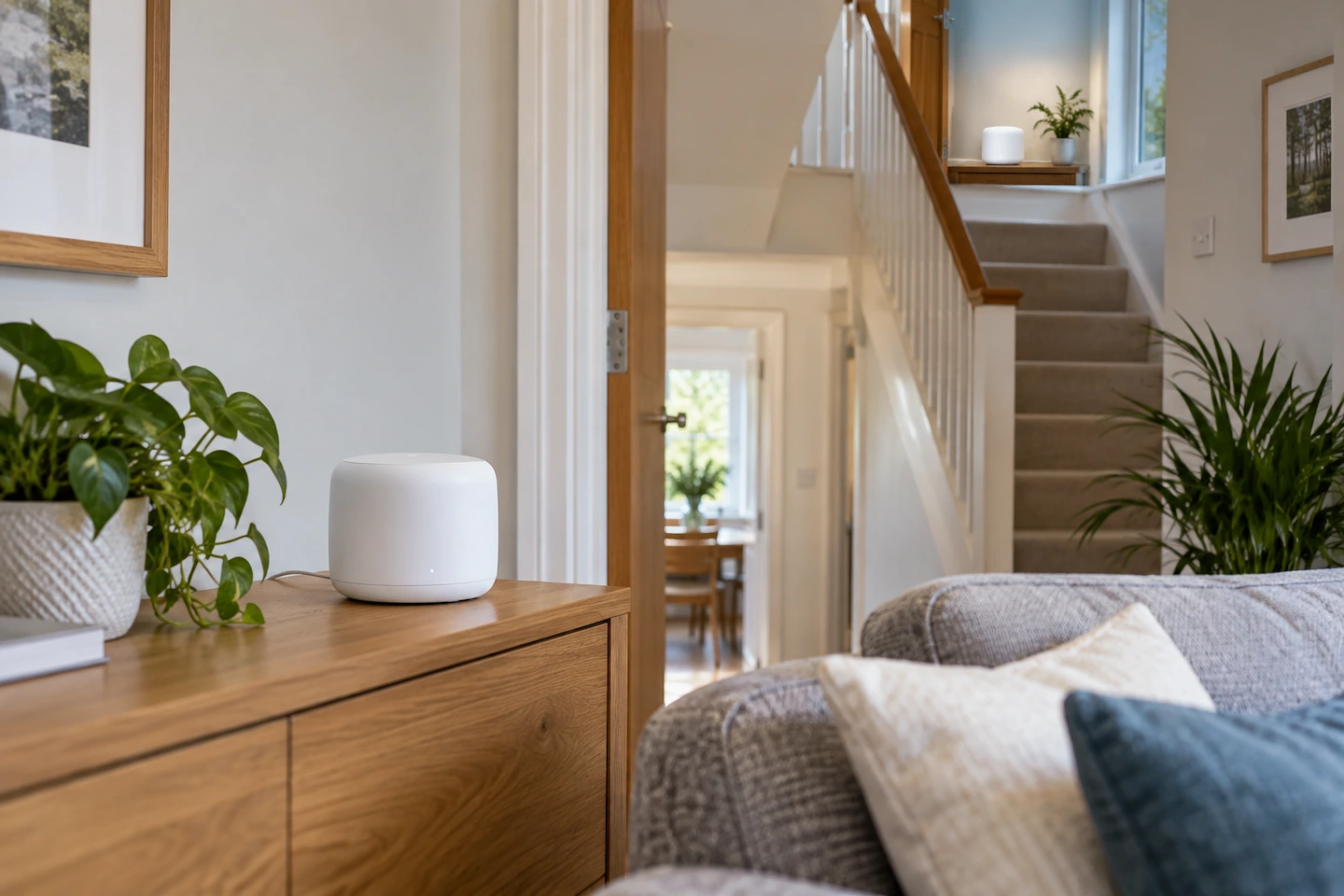 Mesh Wi-Fi nodes positioned on different floors of a home
