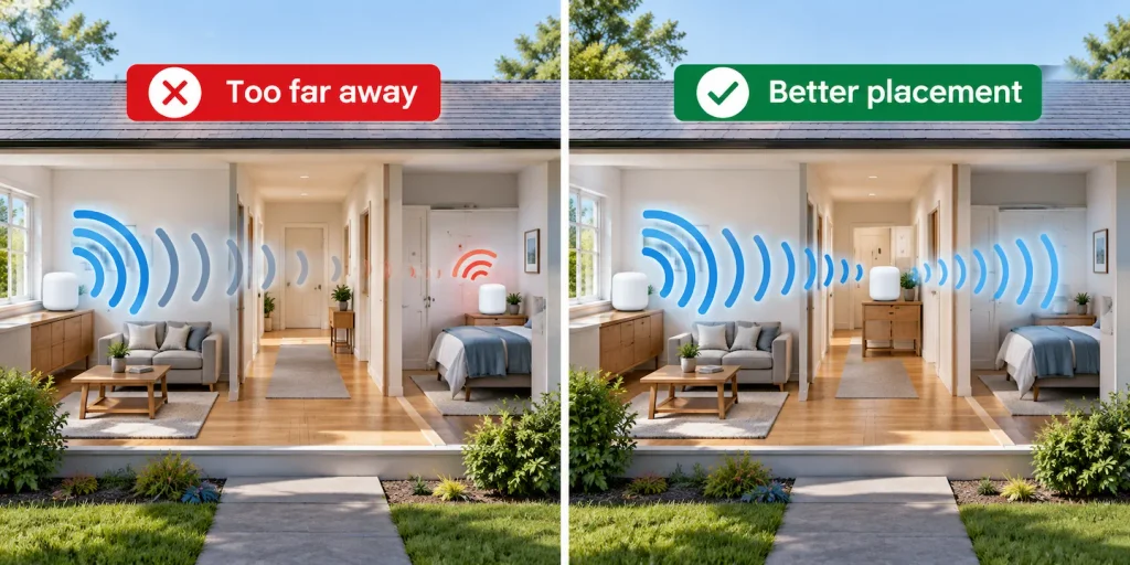 Poor and better placement examples for a mesh Wi-Fi node