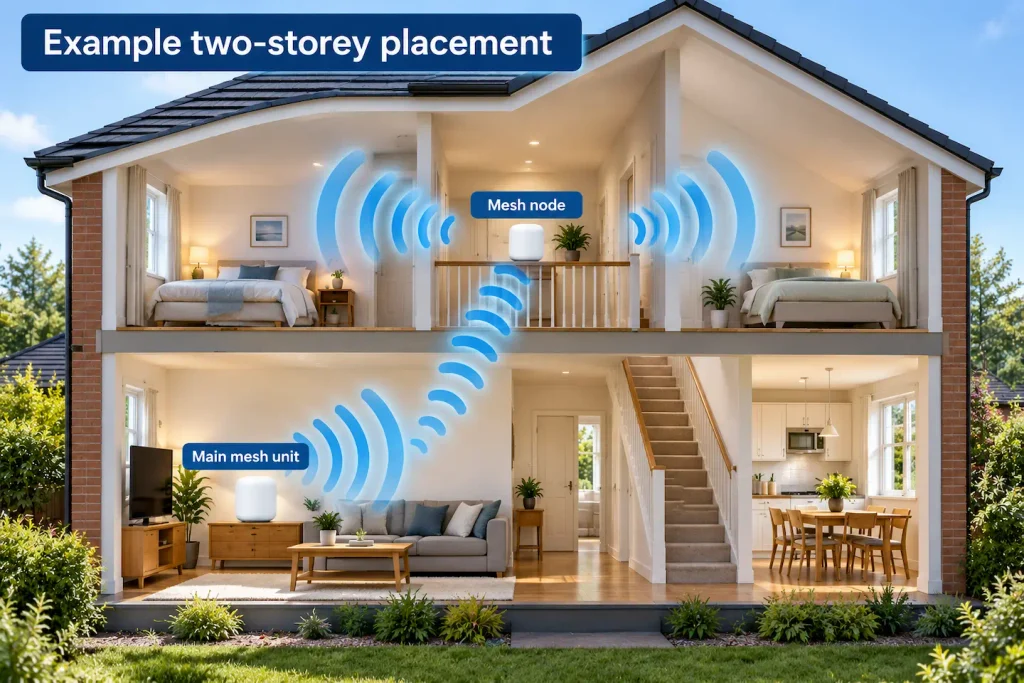 Example mesh Wi-Fi node placement in a two-storey house