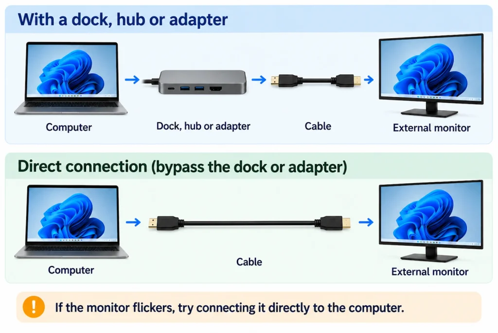 Diagram comparing an external monitor connected through a dock with a direct connection