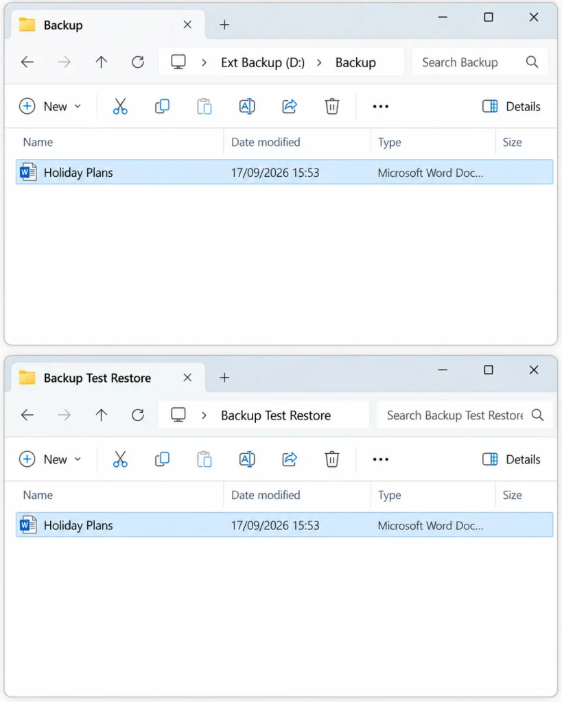 Backed-up file copied from an external drive to a separate test restore folder in Windows