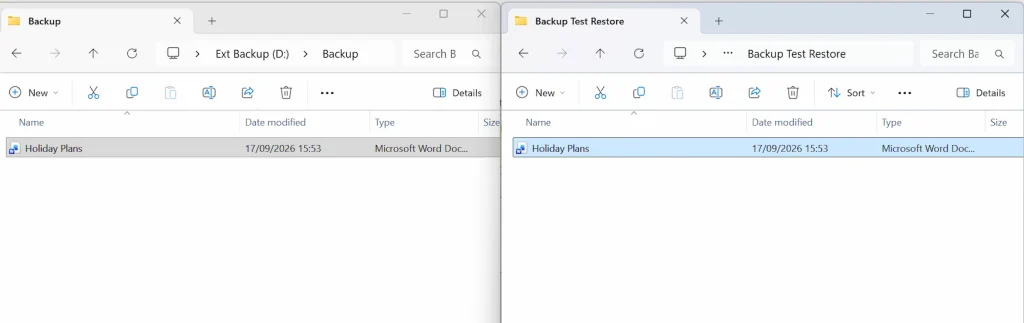 Backed-up file copied from an external drive to a separate test restore folder in Windows