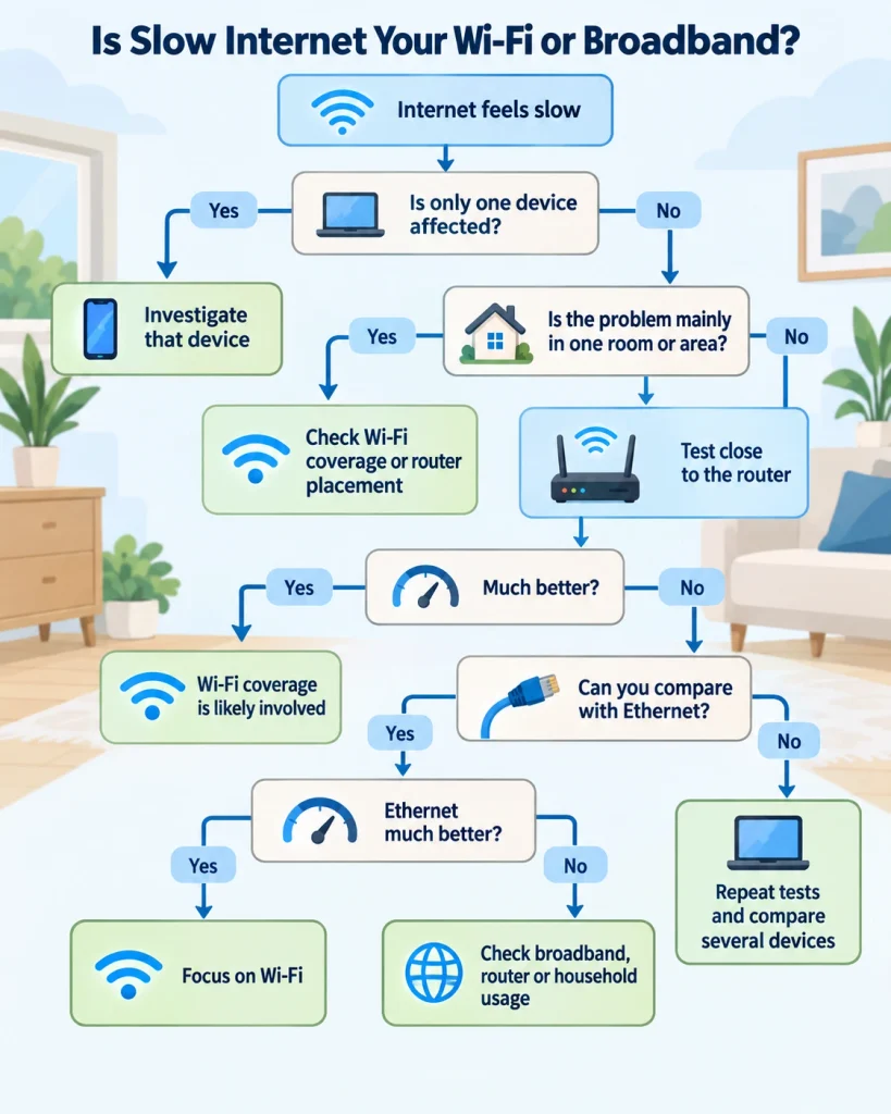 Decision tree for checking whether slow internet is caused by one device, Wi-Fi or broadband
