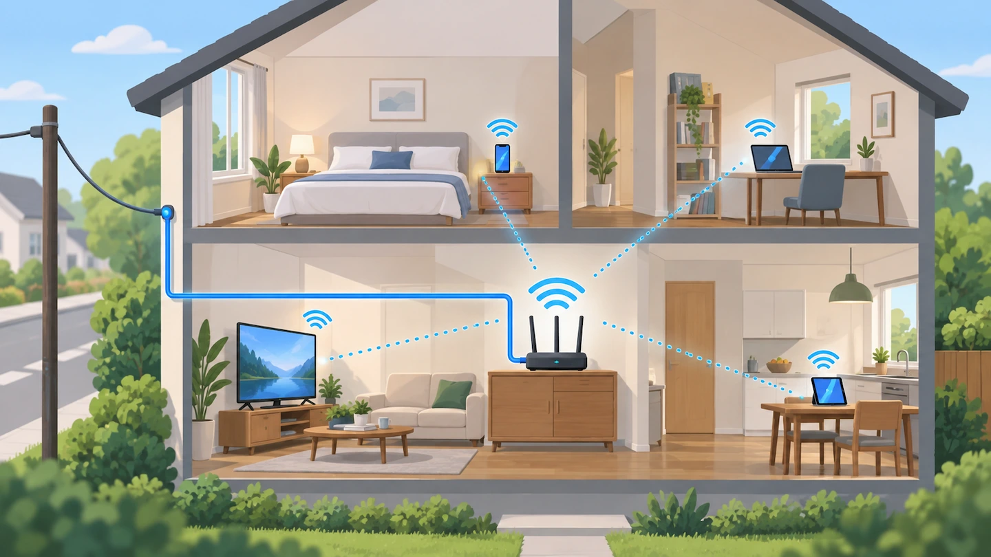 Home router providing Wi-Fi to devices while diagnosing slow internet