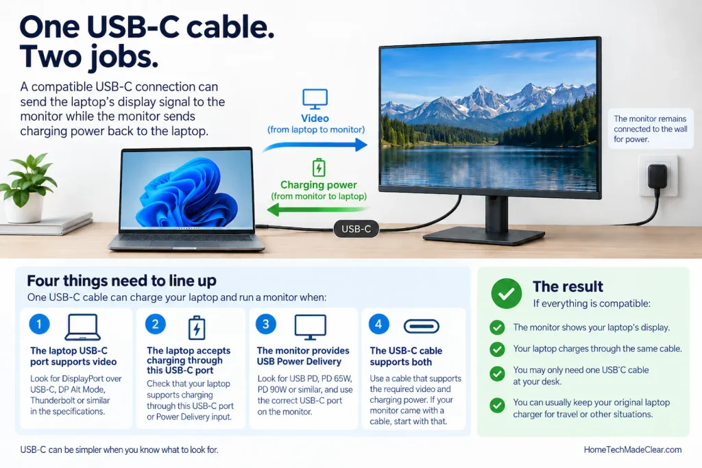 USB-C can charge a laptop and run a monitor, with video travelling to the monitor and charging power returning to the laptop.