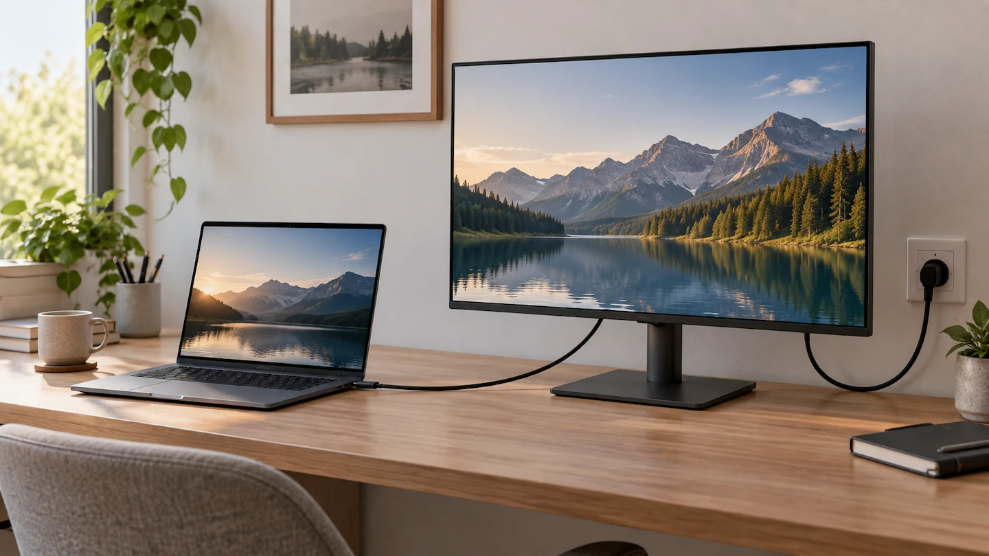 Laptop connected to a monitor with one USB-C cable while the monitor is connected to mains power.