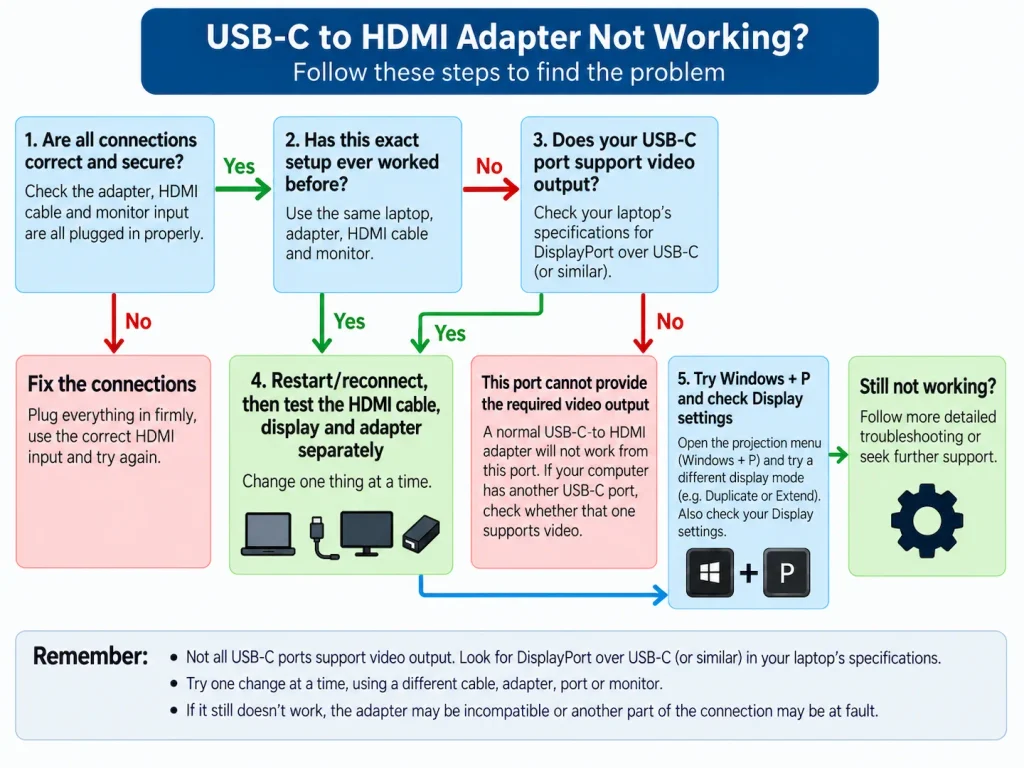 Decision tree for troubleshooting a USB-C to HDMI adapter with no picture