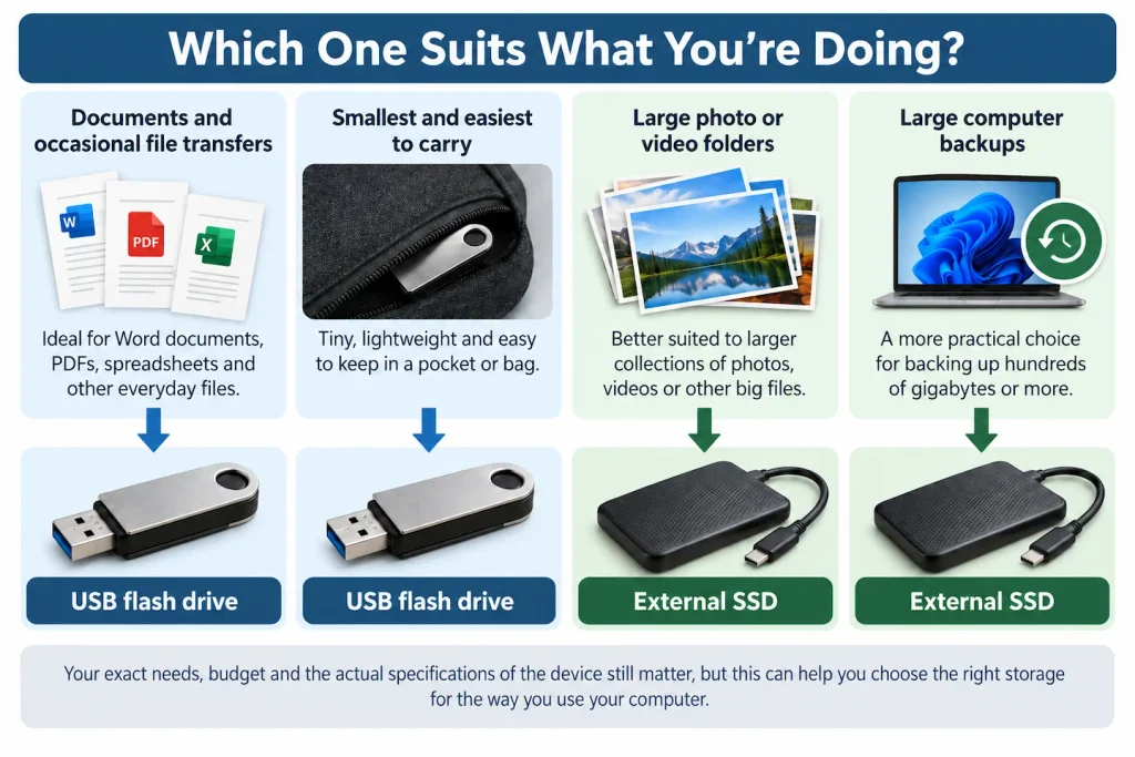 Guide showing when to choose a USB flash drive or an external SSD
