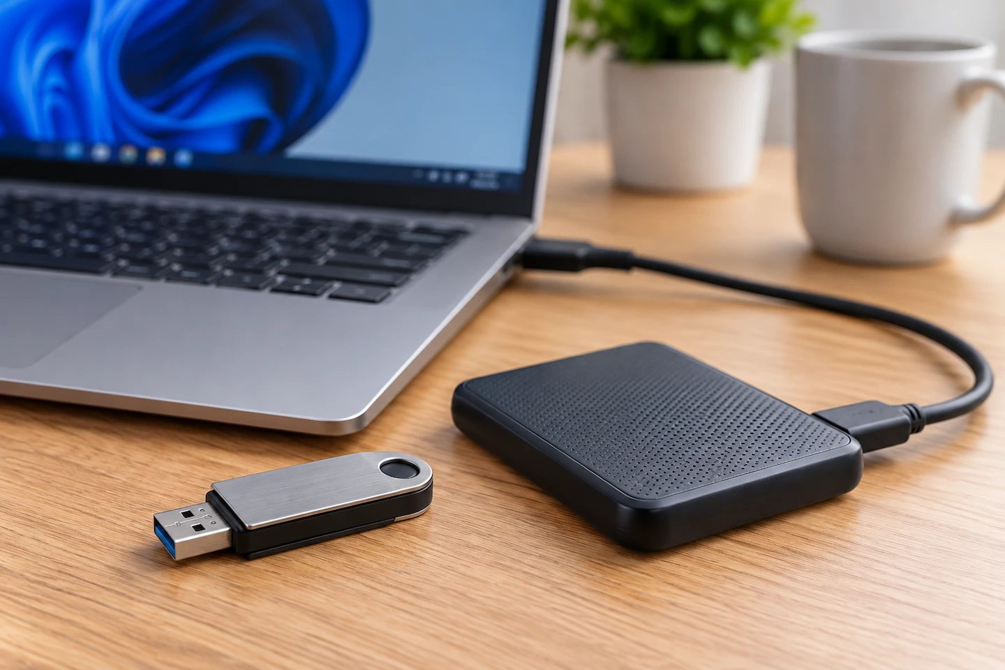 USB flash drive and portable external SSD beside a laptop