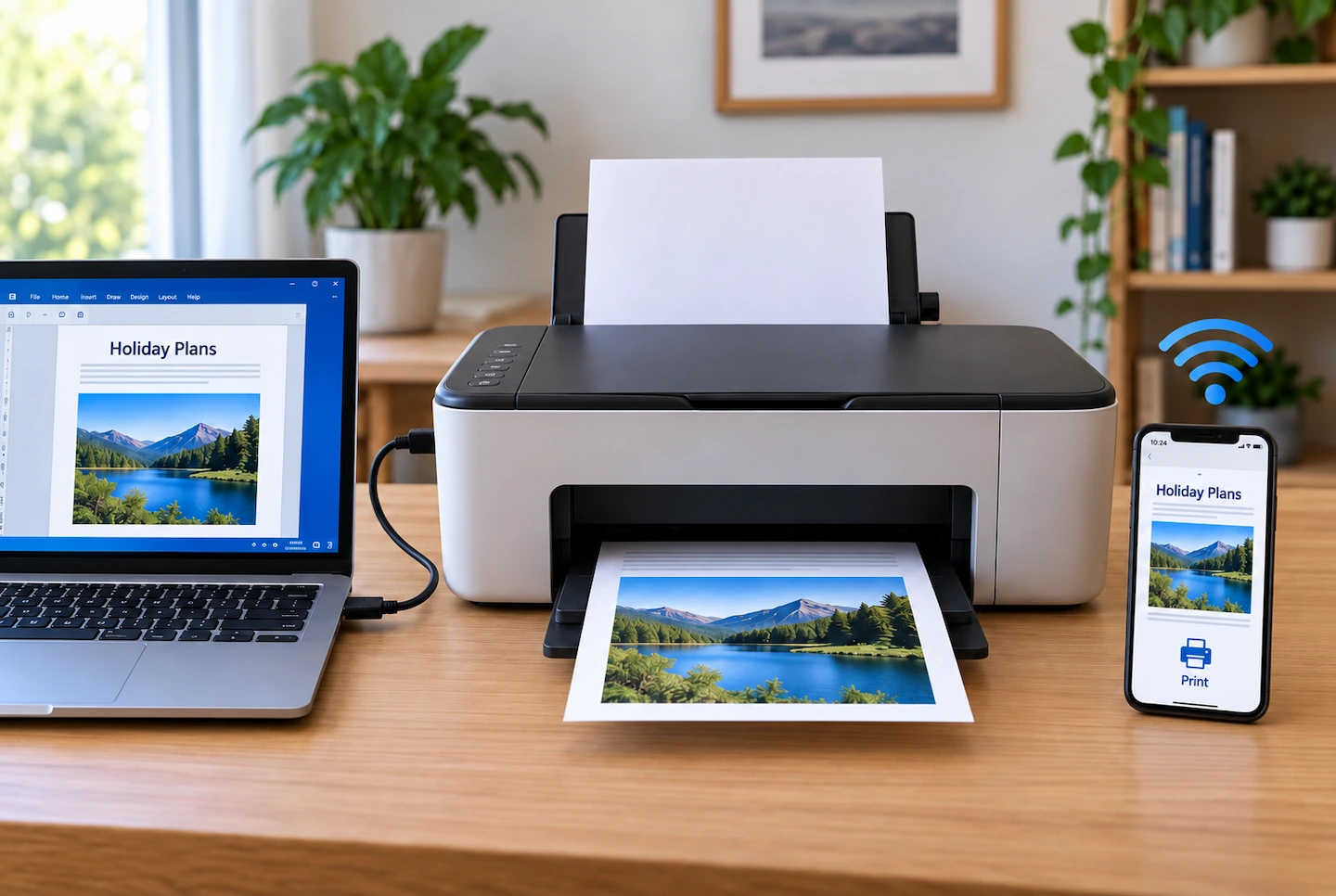 USB and Wi-Fi printer connection options in a home setup