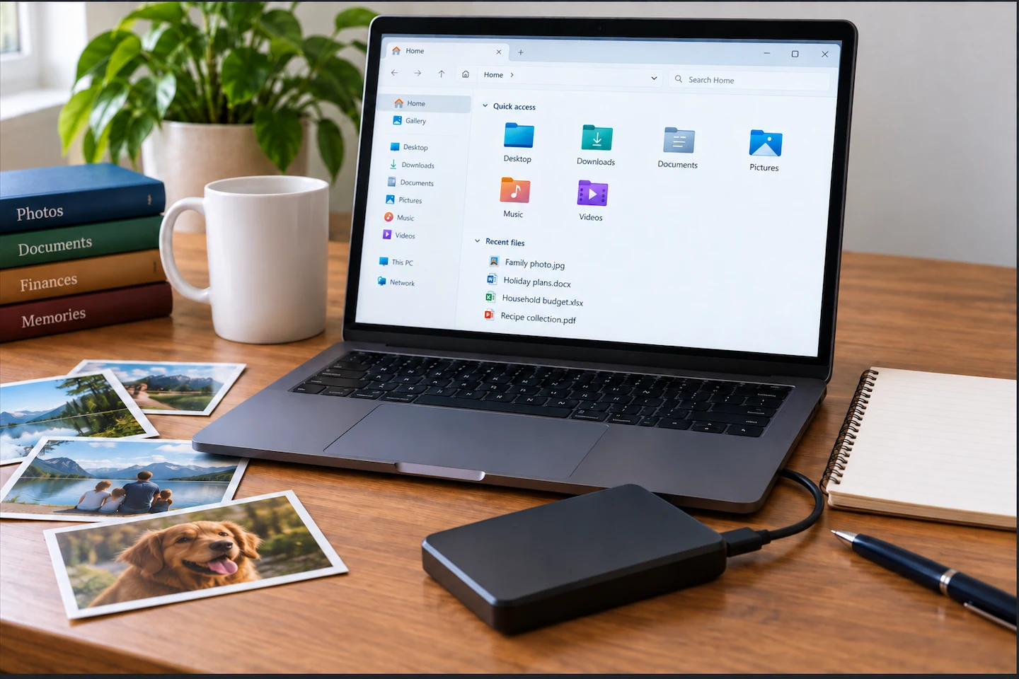 Laptop showing personal files with an external drive for backup